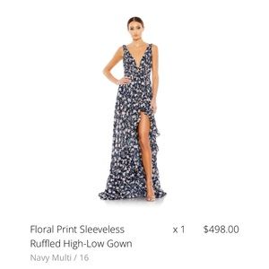Floral Print Sleeveless Ruffled High-Low Gown 
Navy Multi / 16